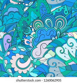 Tracery seamless pattern. Mehndi design. Ethnic colorful doodle texture. Curved doodling background. Vector