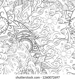 Tracery seamless pattern. Mehndi design. Ethnic monochrome binary doodle texture. Curved doodling black and white background. Vector