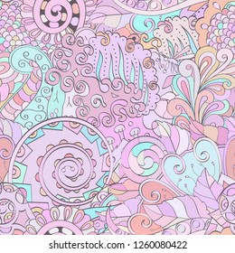 Tracery seamless pattern. Mehndi design. Ethnic colorful doodle texture. Curved doodling background. Vector