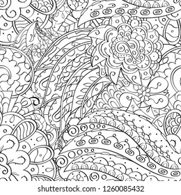 Tracery seamless pattern. Mehndi design. Ethnic monochrome binary doodle texture. Curved doodling black and white background. Vector