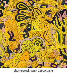 Tracery seamless pattern. Mehndi design. Ethnic colorful doodle texture. Curved doodling background. Vector