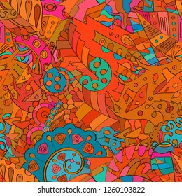Tracery seamless pattern. Mehndi design. Ethnic colorful doodle texture. Curved doodling background. Vector