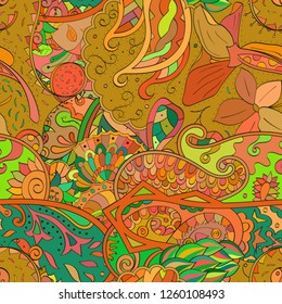 Tracery seamless pattern. Mehndi design. Ethnic colorful doodle texture. Curved doodling background. Vector