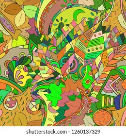 Tracery seamless pattern. Mehndi design. Ethnic colorful doodle texture. Curved doodling background. Vector