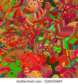 Tracery seamless pattern. Mehndi design. Ethnic colorful doodle texture. Curved doodling background. Vector