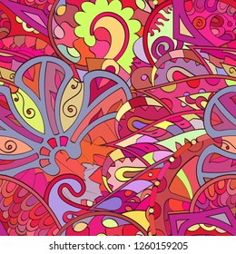 Tracery seamless pattern. Mehndi design. Ethnic colorful doodle texture. Curved doodling background. Vector