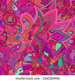 Tracery seamless pattern. Mehndi design. Ethnic colorful doodle texture. Curved doodling background. Vector