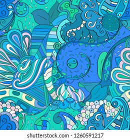 Tracery seamless pattern. Mehndi design. Ethnic colorful doodle texture. Curved doodling background. Vector