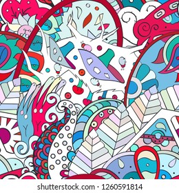 Tracery seamless pattern. Mehndi design. Ethnic colorful doodle texture. Curved doodling background. Vector