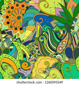 Tracery seamless pattern. Mehndi design. Ethnic colorful doodle texture. Curved doodling background. Vector