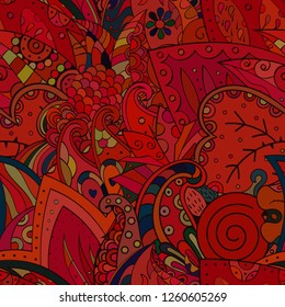 Tracery seamless pattern. Mehndi design. Ethnic colorful doodle texture. Curved doodling background. Vector