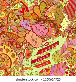 Tracery seamless pattern. Mehndi design. Ethnic colorful doodle texture. Curved doodling background. Vector