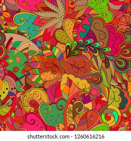 Tracery seamless pattern. Mehndi design. Ethnic colorful doodle texture. Curved doodling background. Vector