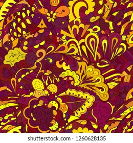 Tracery seamless pattern. Mehndi design. Ethnic colorful doodle texture. Curved doodling background. Vector
