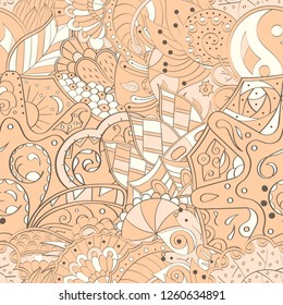 Tracery seamless pattern. Mehndi design. Ethnic colorful doodle texture. Curved doodling background. Vector
