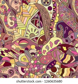 Tracery seamless pattern. Mehndi design. Ethnic colorful doodle texture. Curved doodling background. Vector