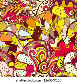 Tracery seamless pattern. Mehndi design. Ethnic colorful doodle texture. Curved doodling background. Vector