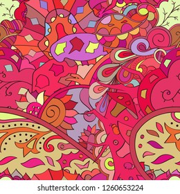 Tracery seamless pattern. Mehndi design. Ethnic colorful doodle texture. Curved doodling background. Vector