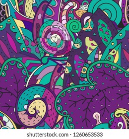 Tracery seamless pattern. Mehndi design. Ethnic colorful doodle texture. Curved doodling background. Vector
