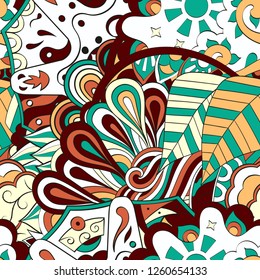 Tracery seamless pattern. Mehndi design. Ethnic colorful doodle texture. Curved doodling background. Vector