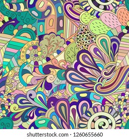Tracery seamless pattern. Mehndi design. Ethnic colorful doodle texture. Curved doodling background. Vector