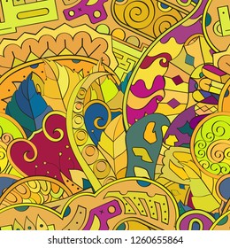 Tracery seamless pattern. Mehndi design. Ethnic colorful doodle texture. Curved doodling background. Vector