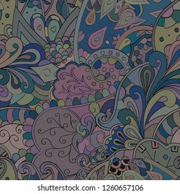 Tracery seamless pattern. Mehndi design. Ethnic colorful doodle texture. Curved doodling background. Vector
