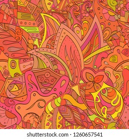 Tracery seamless pattern. Mehndi design. Ethnic colorful doodle texture. Curved doodling background. Vector