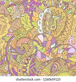 Tracery seamless pattern. Mehndi design. Ethnic colorful doodle texture. Curved doodling background. Vector