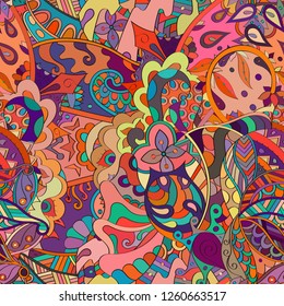 Tracery seamless pattern. Mehndi design. Ethnic colorful doodle texture. Curved doodling background. Vector
