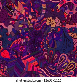 Tracery seamless pattern. Mehndi design. Ethnic colorful doodle texture. Curved doodling background. Vector