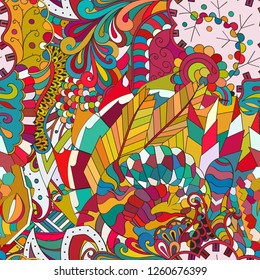 Tracery seamless pattern. Mehndi design. Ethnic colorful doodle texture. Curved doodling background. Vector