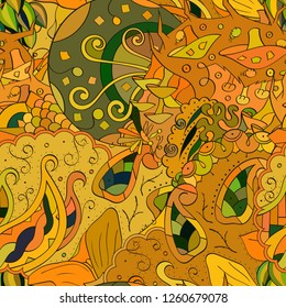 Tracery seamless pattern. Mehndi design. Ethnic colorful doodle texture. Curved doodling background. Vector