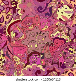 Tracery seamless pattern. Mehndi design. Ethnic colorful doodle texture. Curved doodling background. Vector