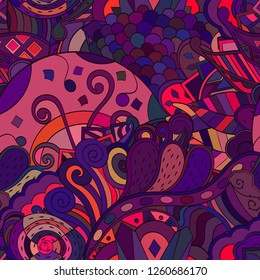 Tracery seamless pattern. Mehndi design. Ethnic colorful doodle texture. Curved doodling background. Vector