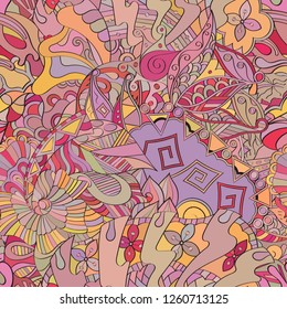 Tracery seamless pattern. Mehndi design. Ethnic colorful doodle texture. Curved doodling background. Vector