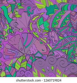 Tracery seamless pattern. Mehndi design. Ethnic colorful doodle texture. Curved doodling background. Vector