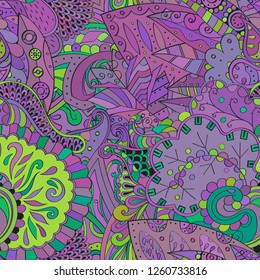 Tracery seamless pattern. Mehndi design. Ethnic colorful doodle texture. Curved doodling background. Vector