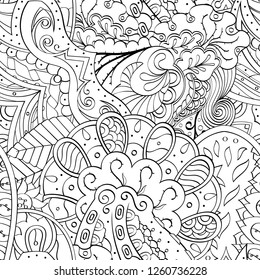 Tracery seamless pattern. Mehndi design. Ethnic monochrome binary doodle texture. Curved doodling black and white background. Vector