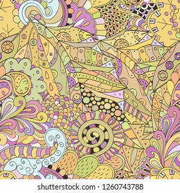 Tracery seamless pattern. Mehndi design. Ethnic colorful doodle texture. Curved doodling background. Vector