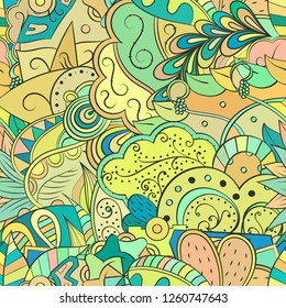 Tracery seamless pattern. Mehndi design. Ethnic colorful doodle texture. Curved doodling background. Vector