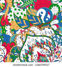 Tracery seamless pattern. Mehndi design. Ethnic colorful doodle texture. Curved doodling background. Vector