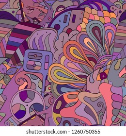 Tracery seamless pattern. Mehndi design. Ethnic colorful doodle texture. Curved doodling background. Vector