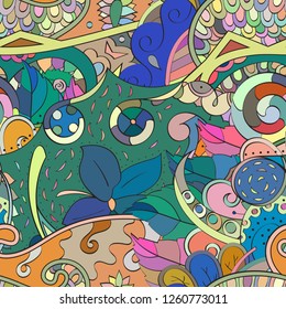 Tracery seamless pattern. Mehndi design. Ethnic colorful doodle texture. Curved doodling background. Vector