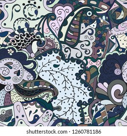 Tracery seamless pattern. Mehndi design. Ethnic colorful doodle texture. Curved doodling background. Vector