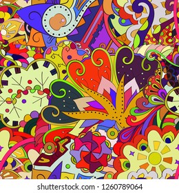 Tracery seamless pattern. Mehndi design. Ethnic colorful doodle texture. Curved doodling background. Vector