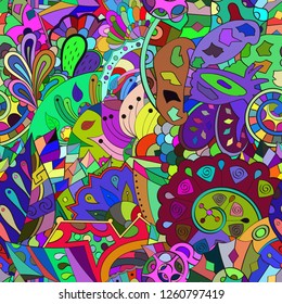 Tracery seamless pattern. Mehndi design. Ethnic colorful doodle texture. Curved doodling background. Vector