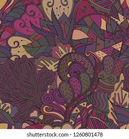 Tracery seamless pattern. Mehndi design. Ethnic colorful doodle texture. Curved doodling background. Vector