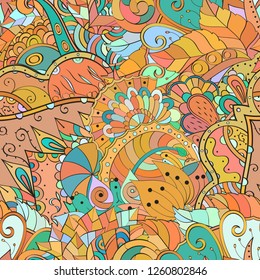 Tracery seamless pattern. Mehndi design. Ethnic colorful doodle texture. Curved doodling background. Vector