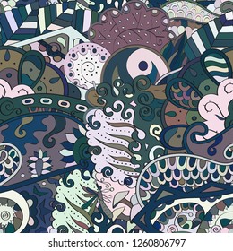 Tracery seamless pattern. Mehndi design. Ethnic colorful doodle texture. Curved doodling background. Vector